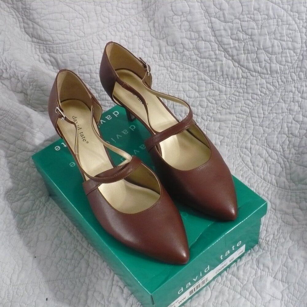 NEW IN BOX- David Tate Cognac Kid with 3" Heels with Straps - Size 13WW